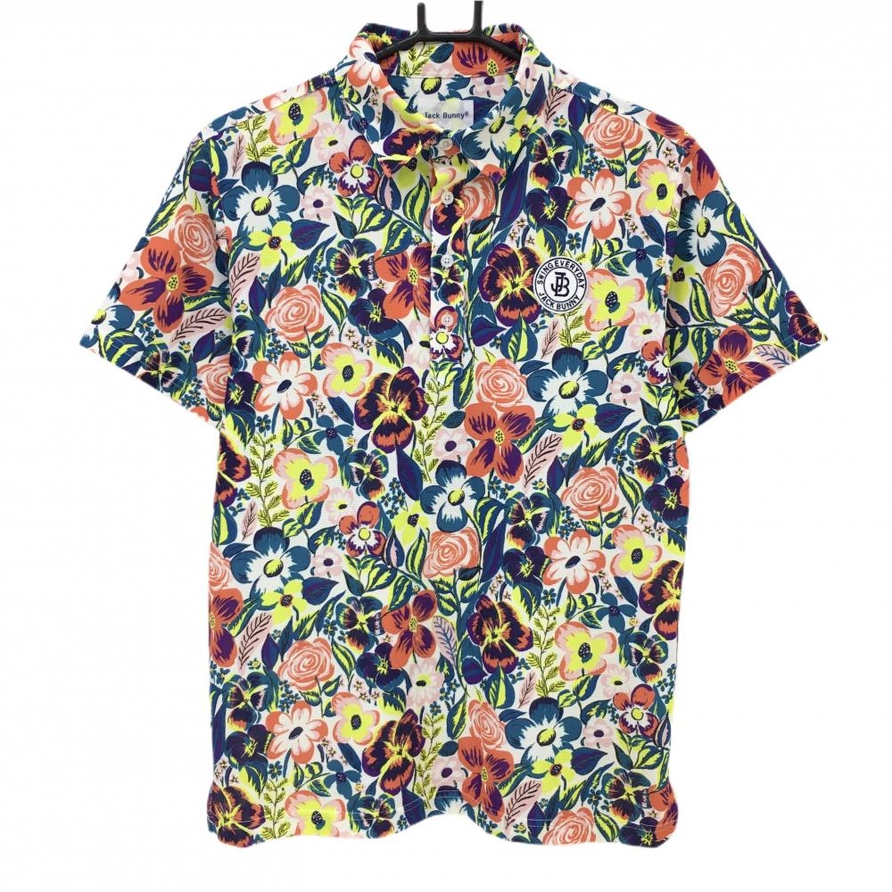 【超美品】ジャックバニー×LIBERTY 半袖ポロシャツ 白×マルチカラー 花柄 胸ロゴ メンズ 4(M) ゴルフウェア Jack Bunny