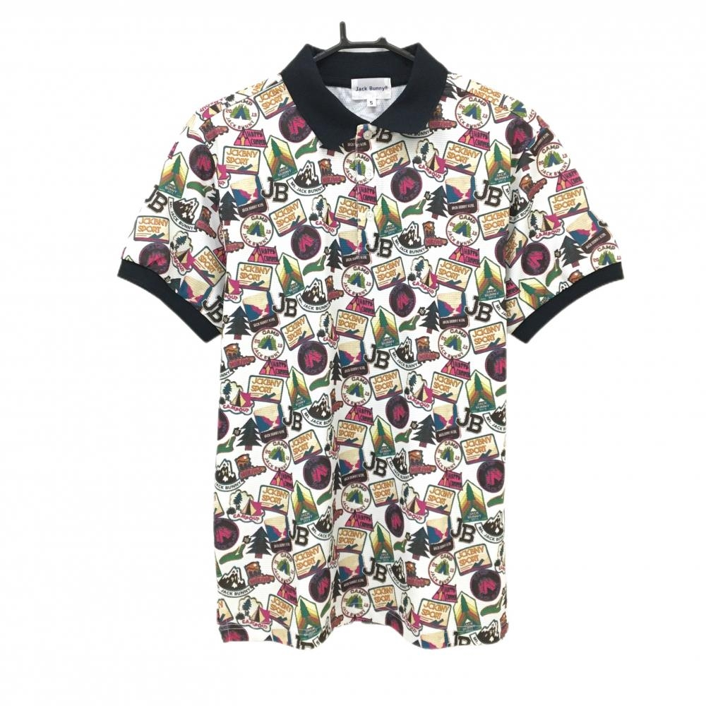 【美品】ジャックバニー 半袖ポロシャツ 白×マルチカラー 総柄 襟黒  メンズ 5(L) ゴルフウェア Jack Bunny