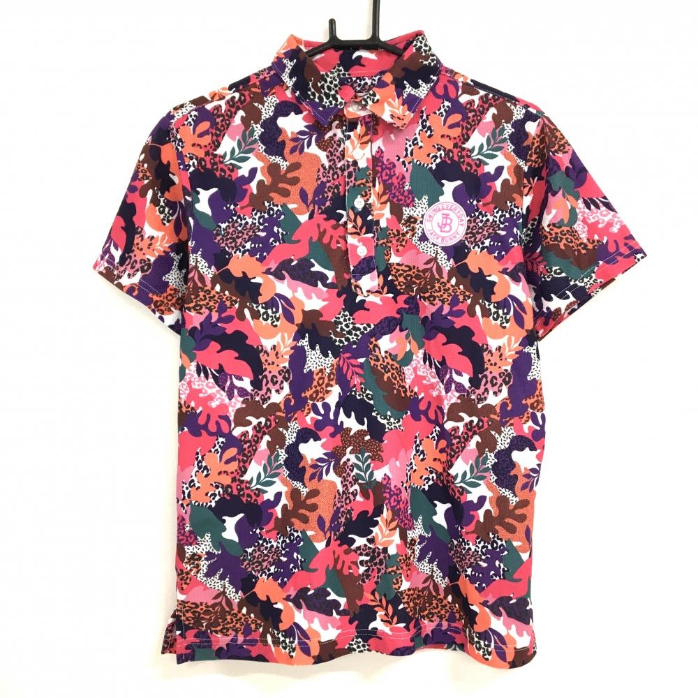 【超美品】ジャックバニー 半袖ポロシャツ ピンク×マルチカラー リーフ総柄 一部レオパード柄 メンズ 4(M) ゴルフウェア Jack Bunny