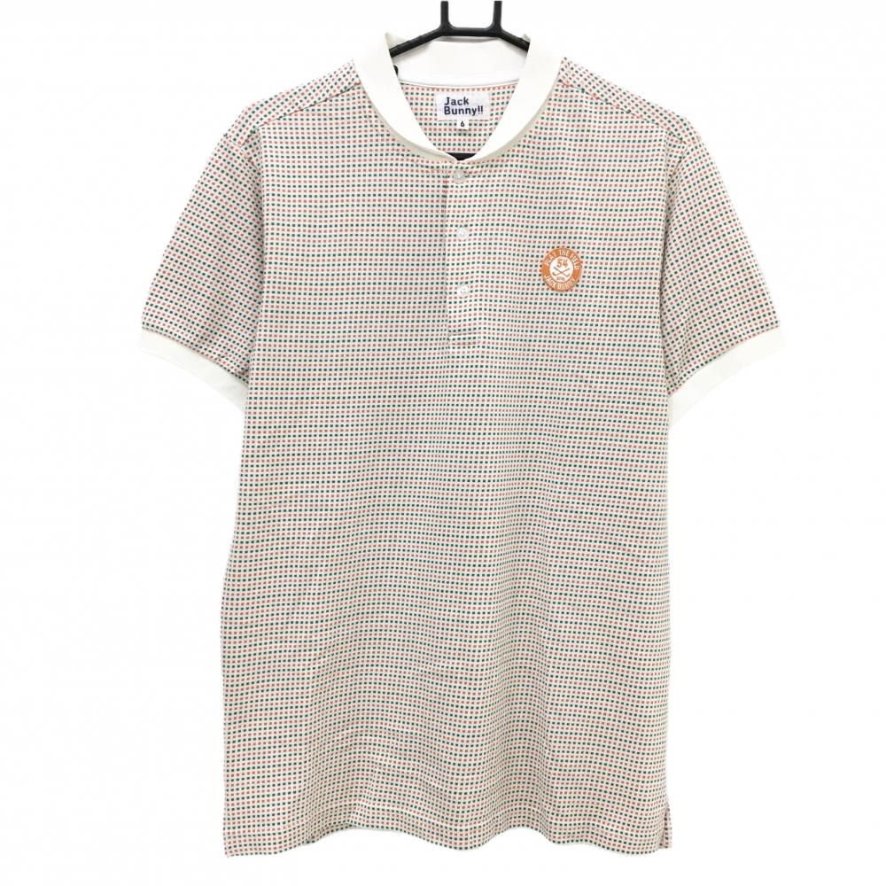 【美品】ジャックバニー 半袖ポロシャツ 白×グリーン×オレンジ 総柄 スタンドカラー メンズ 6(XL) ゴルフウェア Jack Bunny