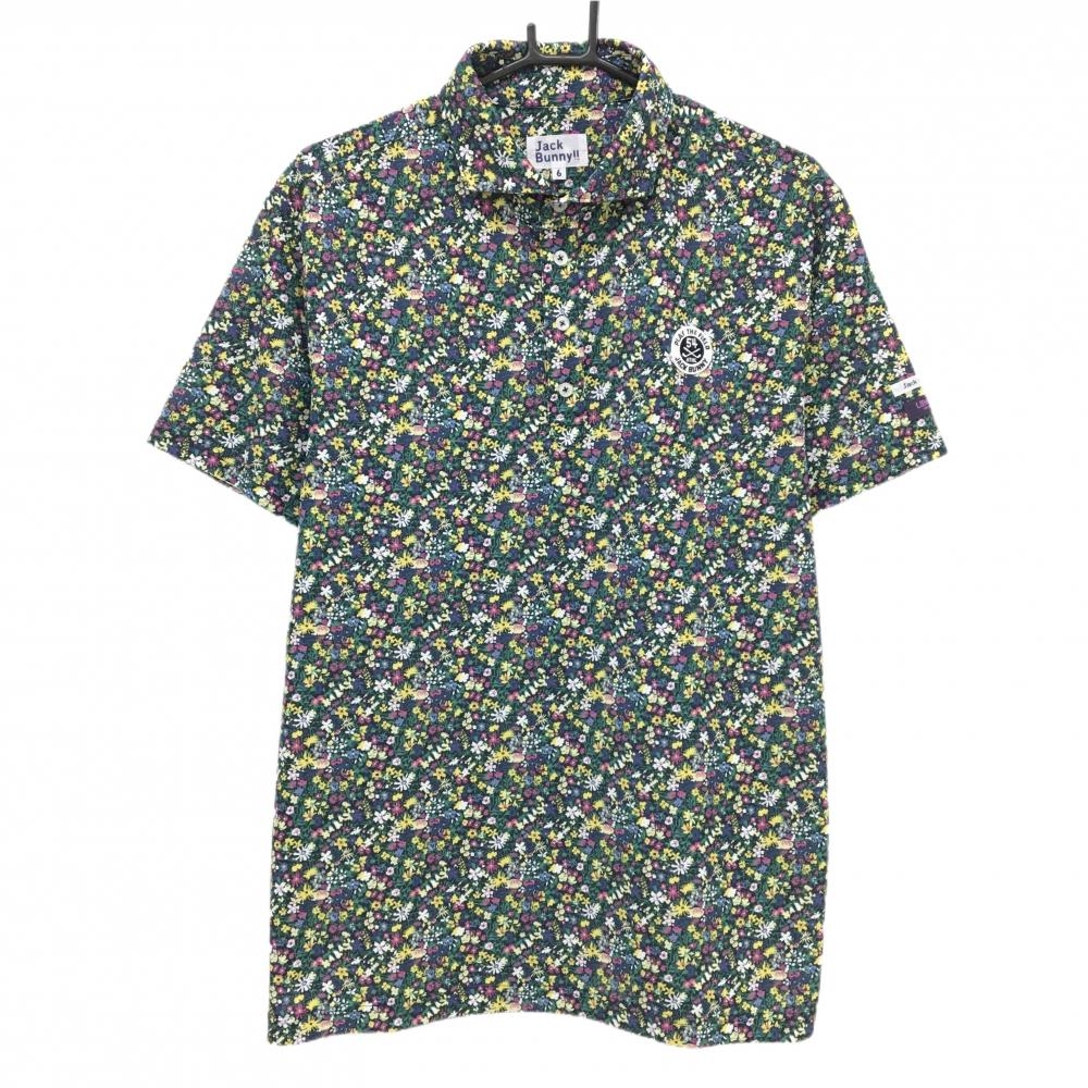 【超美品】ジャックバニー 半袖ポロシャツ ネイビー×マルチカラー 小花柄 LIBERTY メンズ 6(XL) ゴルフウェア Jack Bunny