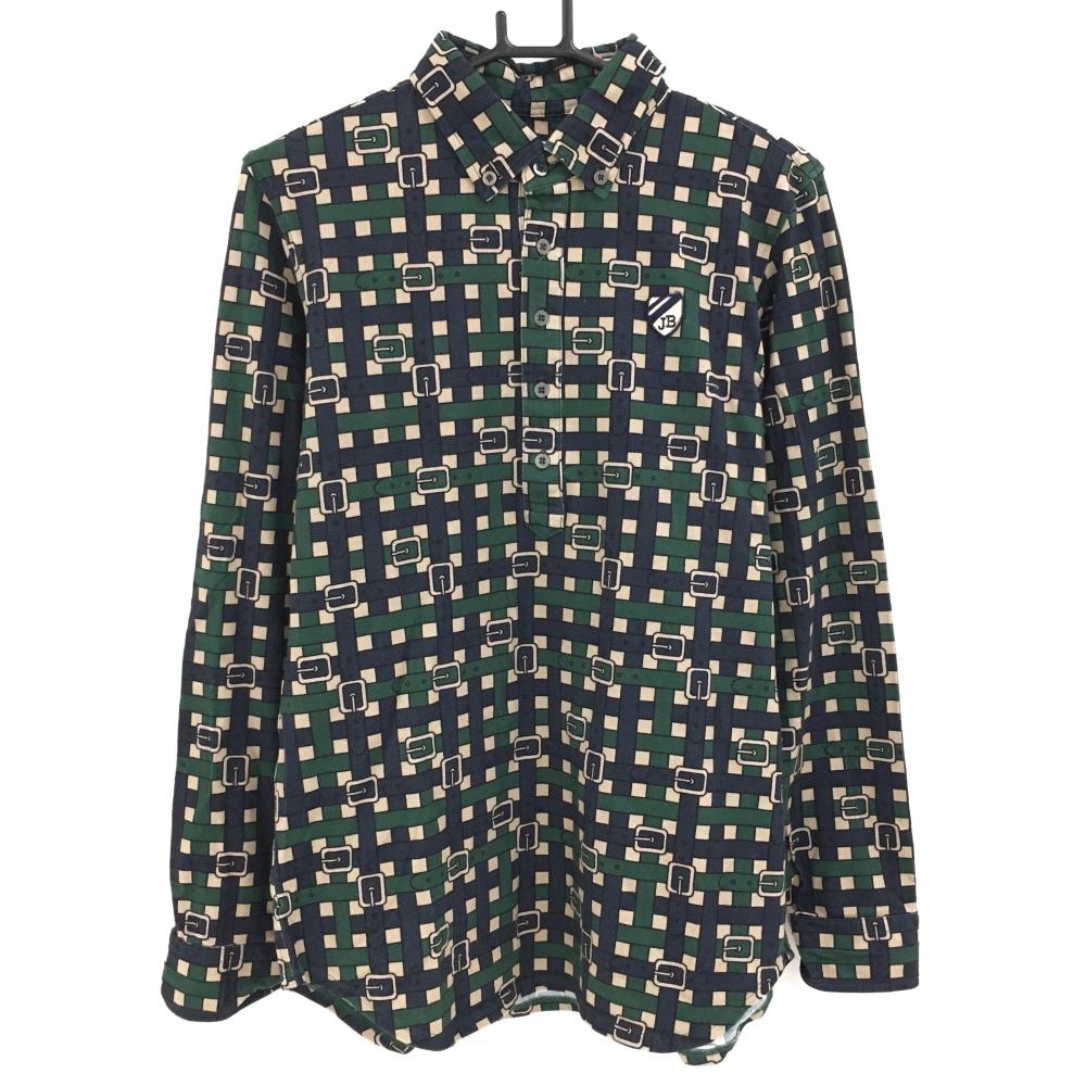 【超美品】ジャックバニー 長袖ポロシャツ グリーン×ネイビー×ベージュ ベルト柄 ボタンダウン メンズ 6(XL) ゴルフウェア Jack Bunny
