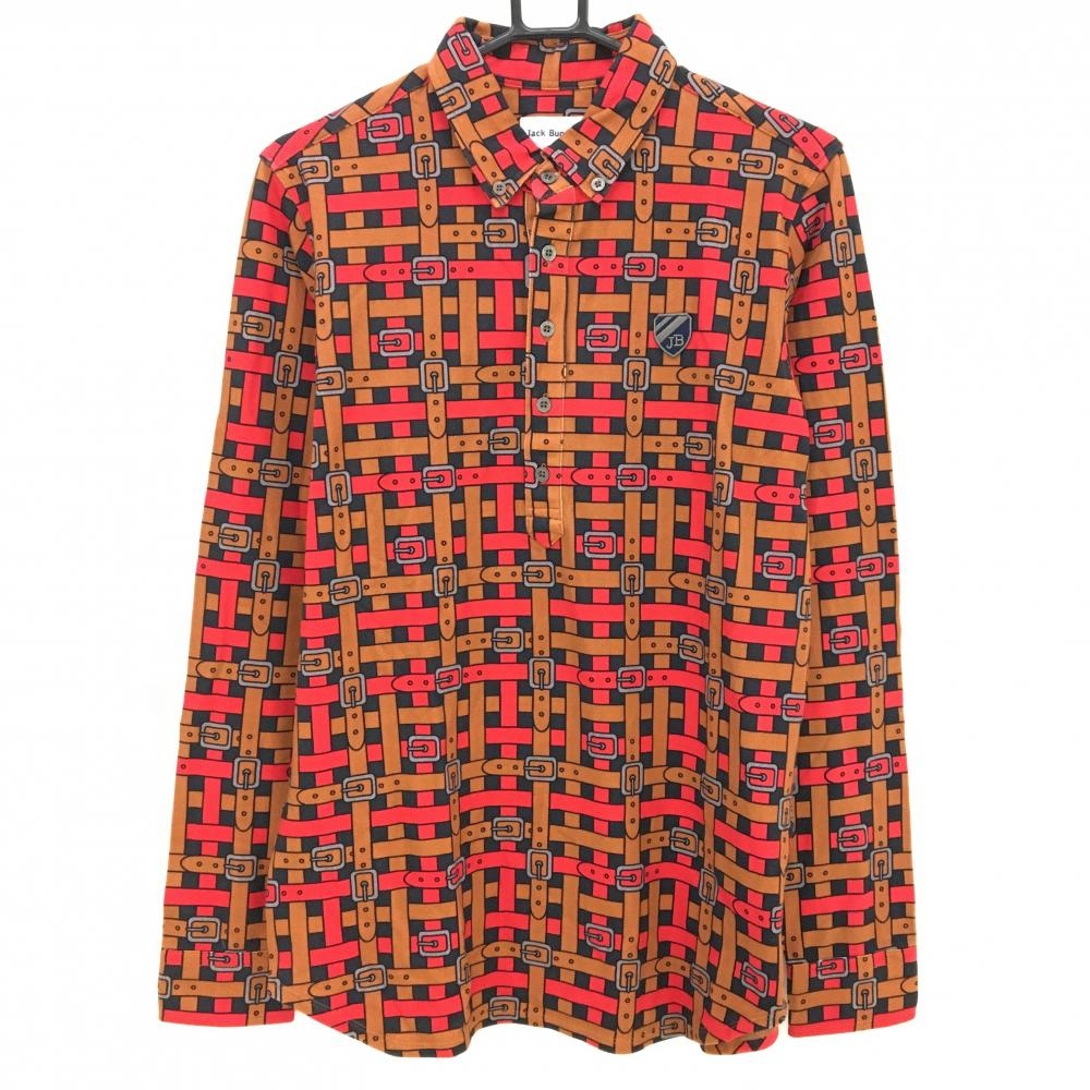 【超美品】ジャックバニー 長袖ポロシャツ 黒×ブラウン ベルト柄 ボタンダウン ロゴワッペン  メンズ 6(XL) ゴルフウェア Jack Bunny