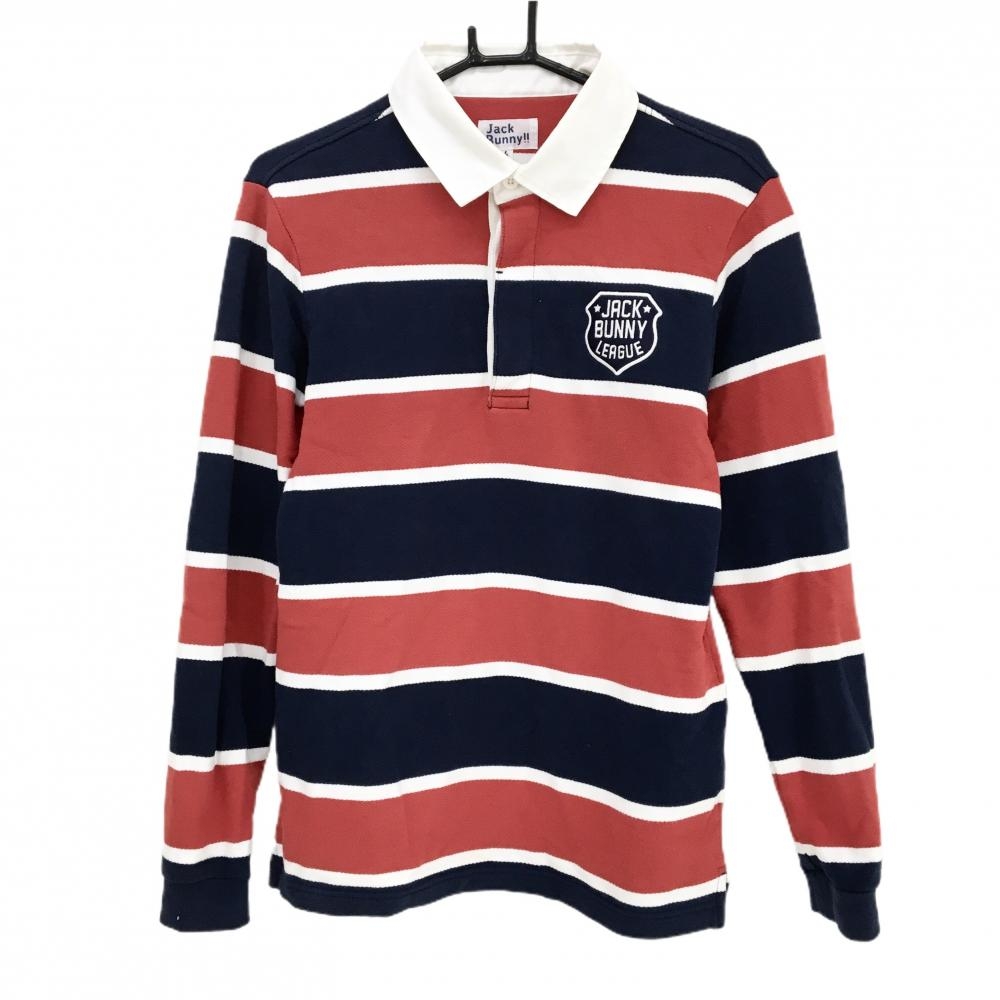 ジャックバニー 長袖ポロシャツ ネイビー×レッド ボーダー ロゴ刺しゅう メンズ 4(M) ゴルフウェア Jack Bunny