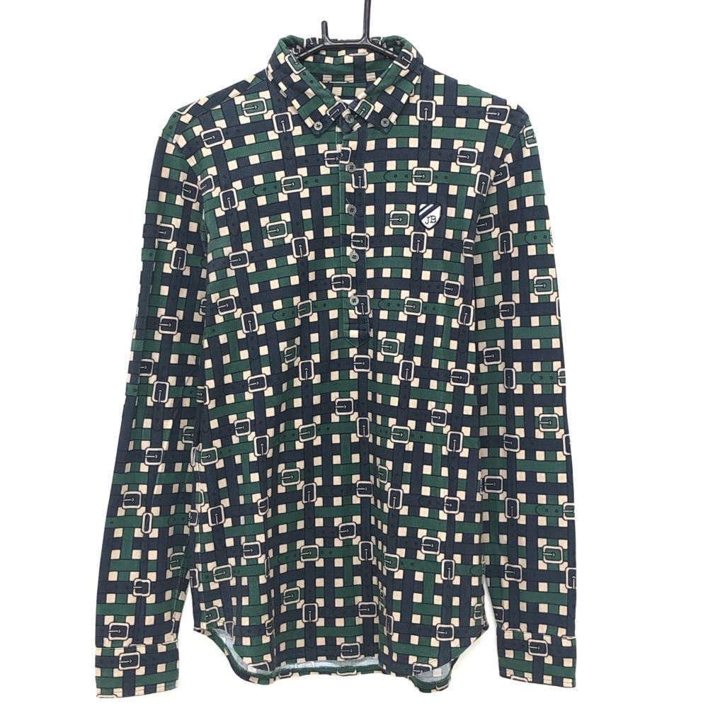 ジャックバニー 長袖ポロシャツ グリーン×ネイビー ベルト柄 メンズ 5(L) ゴルフウェア Jack Bunny