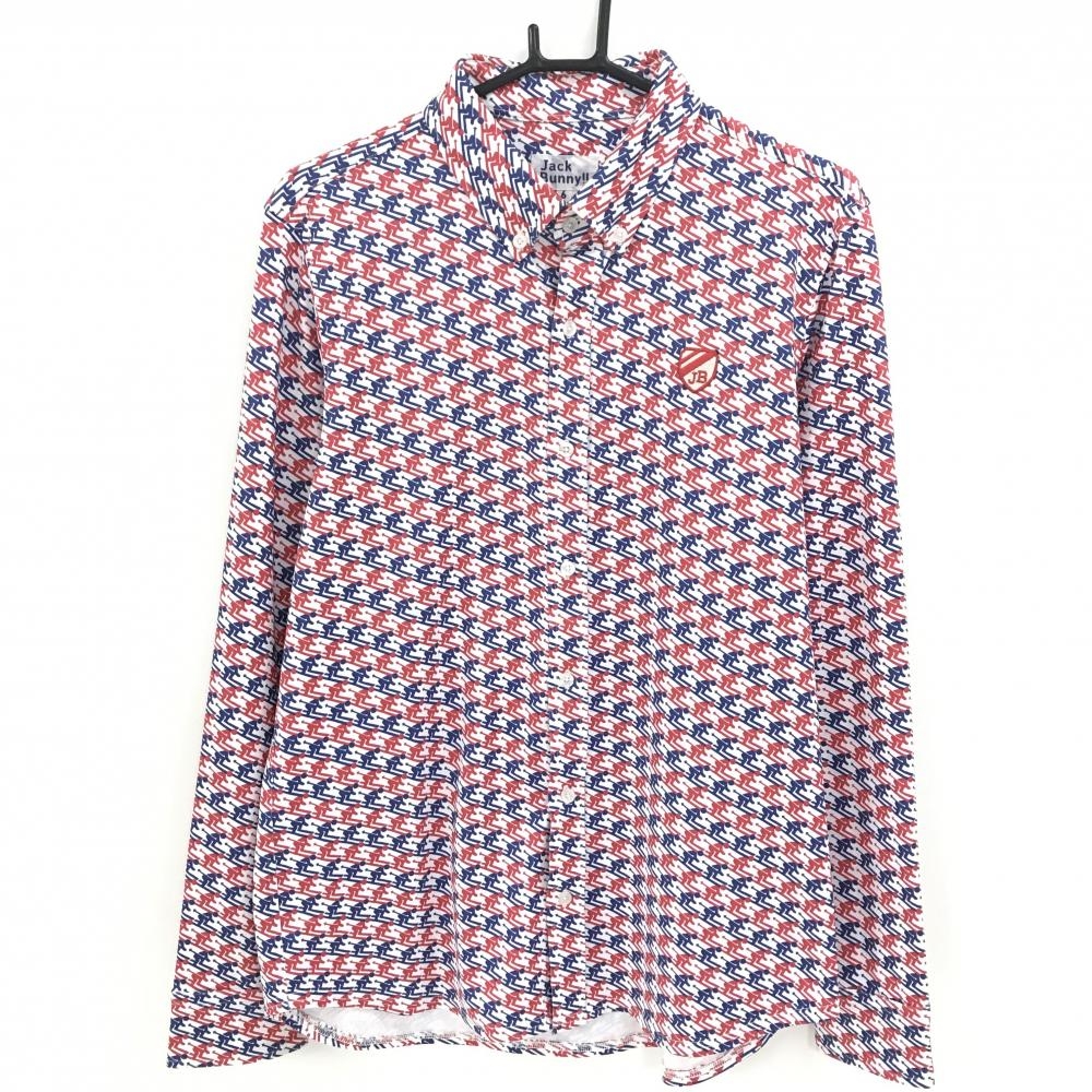 ジャックバニー 長袖ポロシャツ 白×レッド スキーヤー柄  メンズ 6(XL) ゴルフウェア Jack Bunny