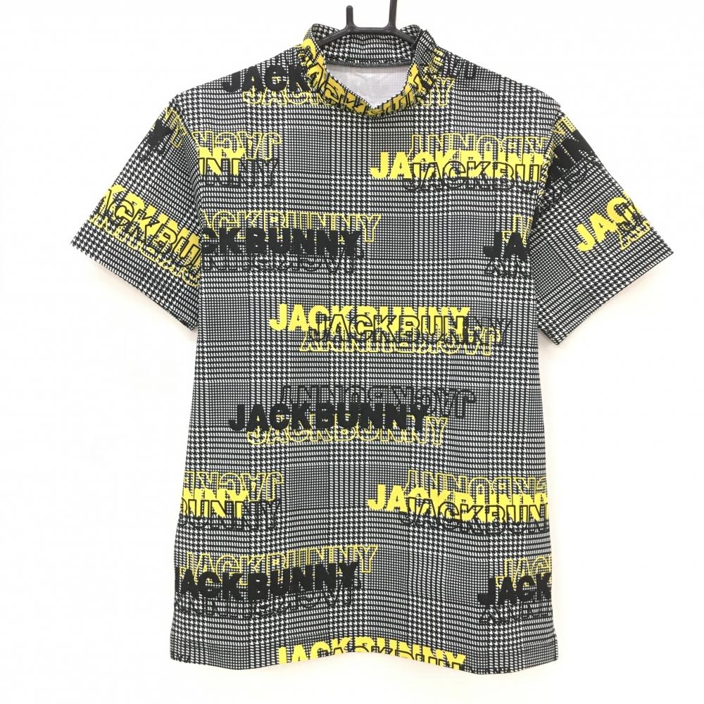 【超美品】ジャックバニー 半袖ハイネックシャツ 白×黒 千鳥格子柄 ロゴイエロー  メンズ 4(M) ゴルフウェア Jack Bunny