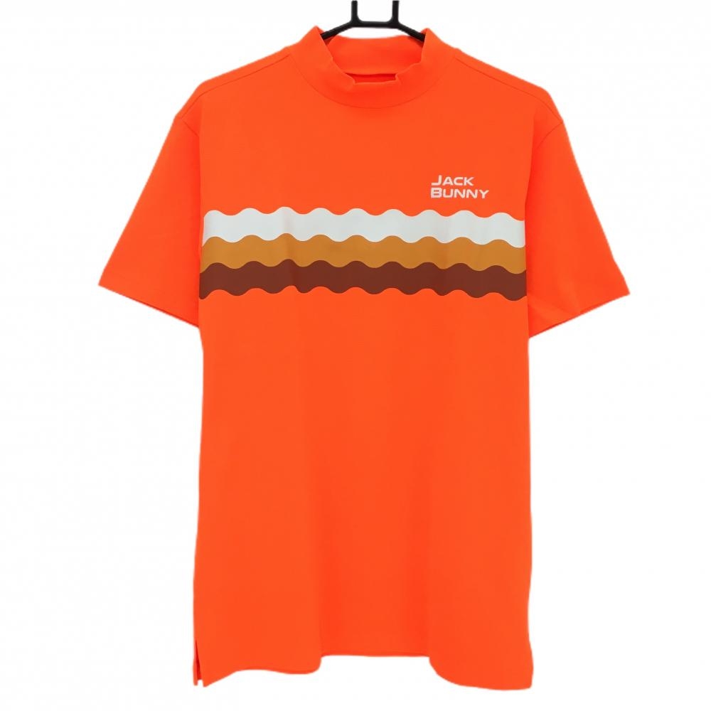【超美品】ジャックバニー 半袖ハイネックシャツ 蛍光オレンジ 胸・背プリント メンズ 6(XL) ゴルフウェア 2023年モデル Jack Bunny