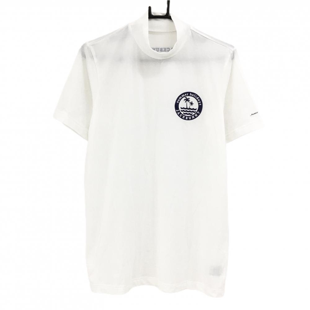 【超美品】ジャックバニー 半袖ハイネックシャツ 白×ネイビー ヤシの木プリント メンズ 5(L) ゴルフウェア Jack Bunny