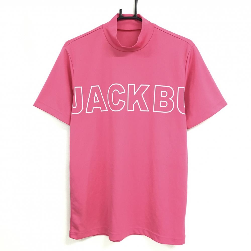 【超美品】ジャックバニー 半袖ハイネックシャツ ピンク×白 ビッグロゴ メンズ 5(L) ゴルフウェア Jack Bunny