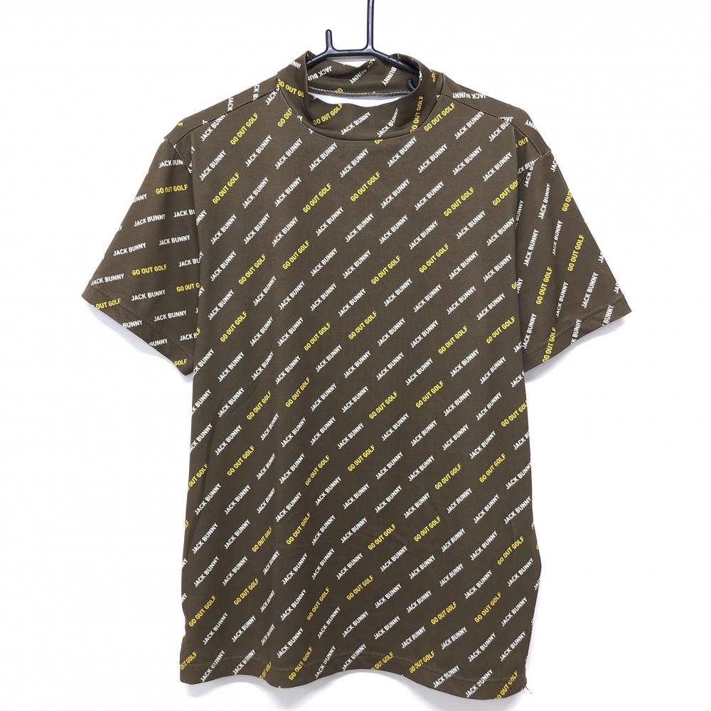 【超美品】ジャックバニー 半袖ハイネックシャツ カーキブラウン×白 ロゴ総柄 ストレッチ メンズ 5(L) ゴルフウェア Jack Bunny