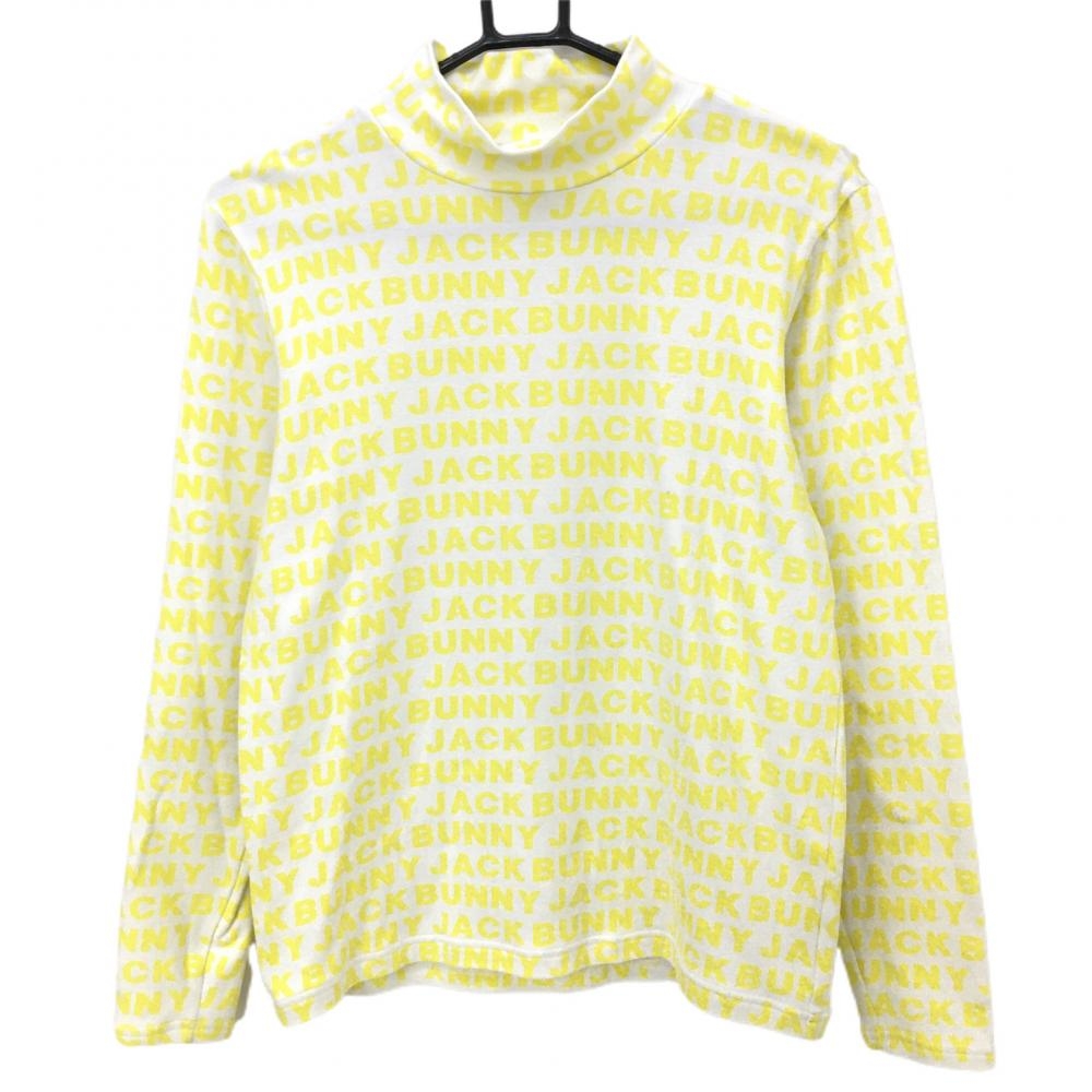 【美品】ジャックバニー 長袖ハイネックシャツ 白×イエロー ロゴ総柄 メンズ 3(S) ゴルフウェア 2021年モデル Jack Bunny