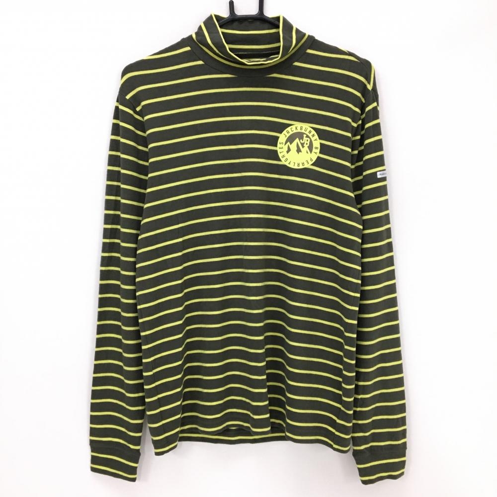 ジャックバニー 長袖ハイネックシャツ カーキ×イエロー ボーダー 胸ロゴ メンズ 4(M) ゴルフウェア Jack Bunny