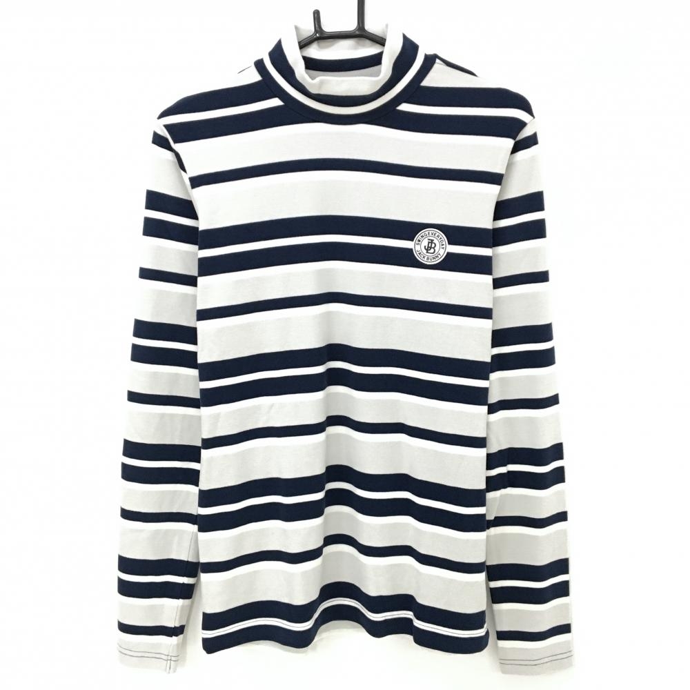 【超美品】ジャックバニー 長袖ハイネックシャツ ライトグレー×ネイビー×白 ボーダー 微起毛 メンズ 4(M) ゴルフウェア Jack Bunny