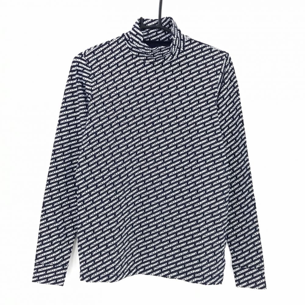 【超美品】ジャックバニー 長袖ハイネックシャツ ネイビー×白 ロゴ総柄 ストレッチ メンズ 3(S) ゴルフウェア Jack Bunny