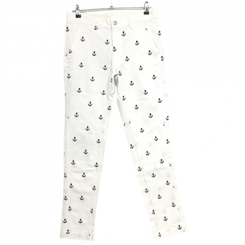【美品】ジャックバニー パンツ 白×ネイビー イカリ刺しゅう総柄 ストレッチ メンズ 4(M) ゴルフウェア Jack Bunny