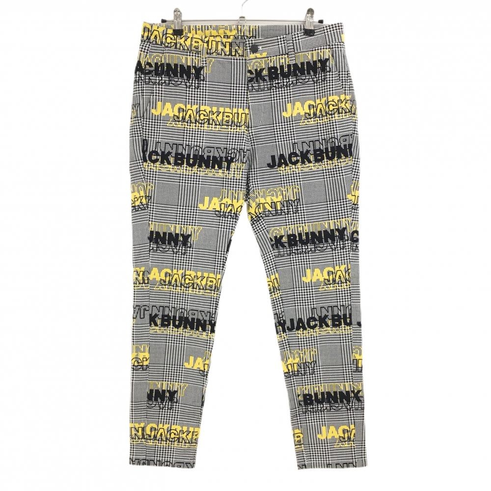 【超美品】ジャックバニー パンツ 白×黒×イエロー 千鳥格子 ロゴ総柄 ストレッチ メンズ 6(XL) ゴルフウェア Jack Bunny