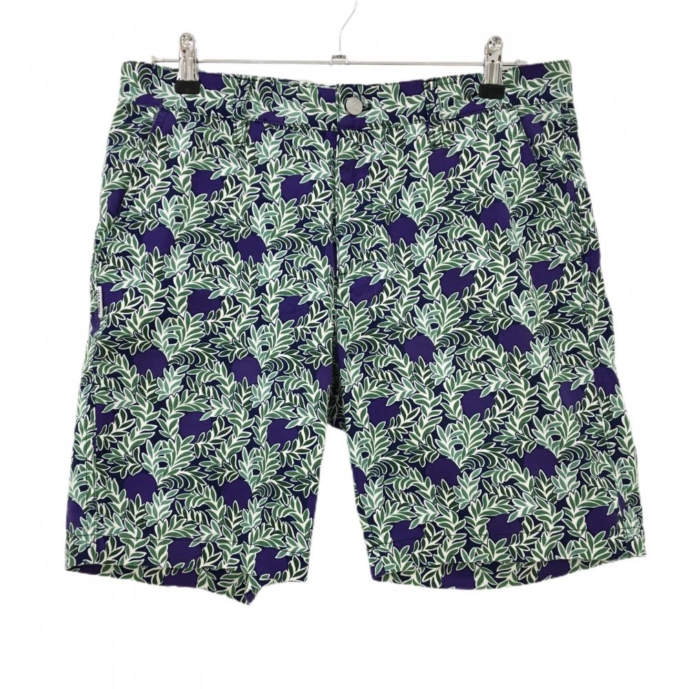 【超美品】ジャックバニー ハーフパンツ パープル×グリーン リーフ柄 LIBERTY メンズ 5(L) ゴルフウェア Jack Bunny