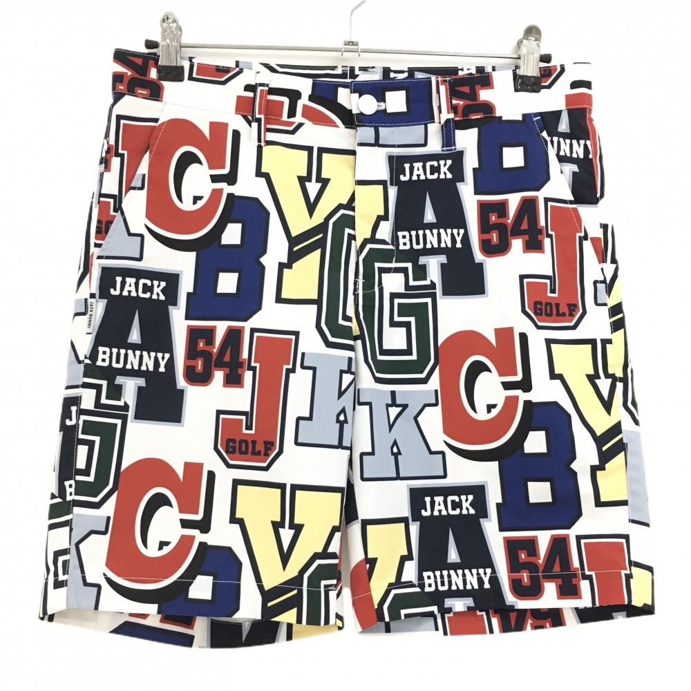 【超美品】ジャックバニー ハーフパンツ 白×マルチカラー 英字柄 メンズ 4(M) ゴルフウェア Jack Bunny