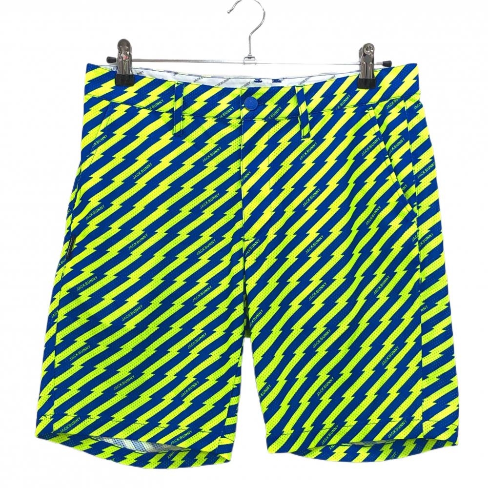 【美品】ジャックバニー ハーフパンツ イエロー×ブルー ギザギザストライプ ロゴ総柄 メッシュ地 メンズ 4(M) ゴルフウェア Jack Bunny