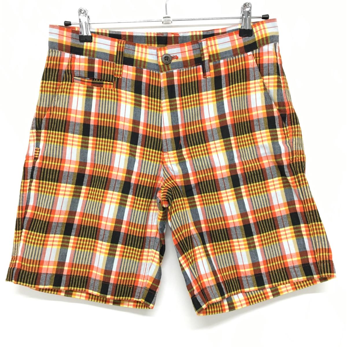 【超美品】ジャックバニー ハーフパンツ オレンジ系×黒×イエロー系 チェック コットン100% メンズ 4(M) ゴルフウェア Jack Bunny
