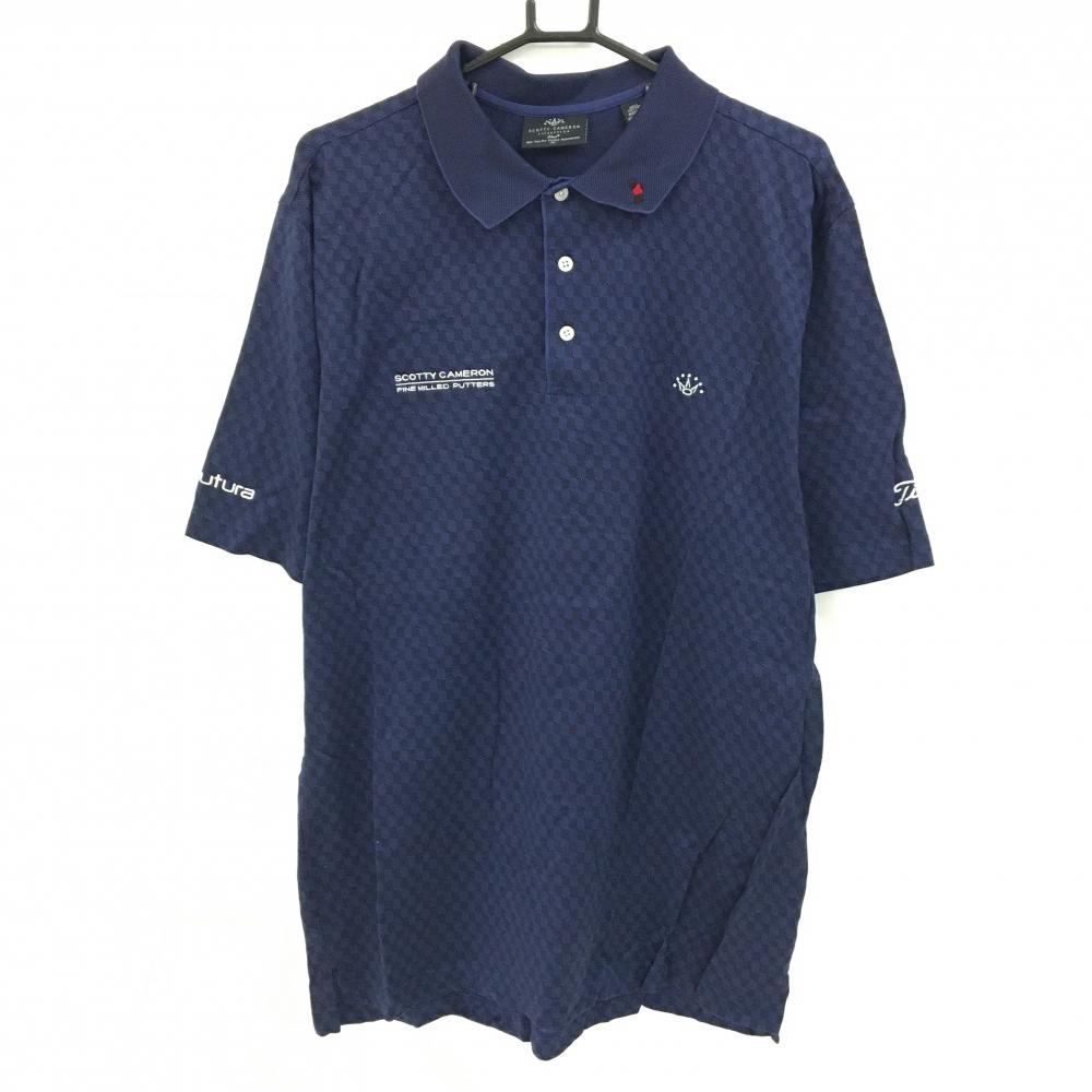 【超美品】スコッティキャメロン 半袖ポロシャツ ネイビー×黒 総柄 タイトリスト ロゴ刺しゅう メンズ M ゴルフウェア Scotty Cameron