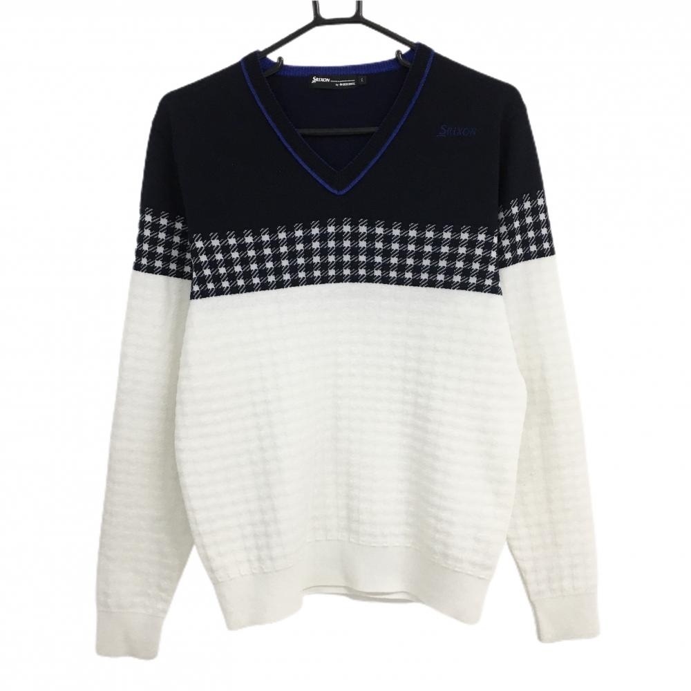 【美品】スリクソンバイデサント セーター 白×ダークネイビー 一部柄 ウール混 Vネック ニット  メンズ L ゴルフウェア SRIXON