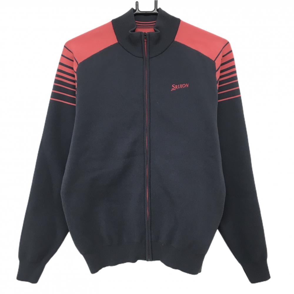 【美品】スリクソンバイデサント ニットジャケット ライトグレー×レッド系 袖一部ボーダー メンズ M ゴルフウェア SRIXON