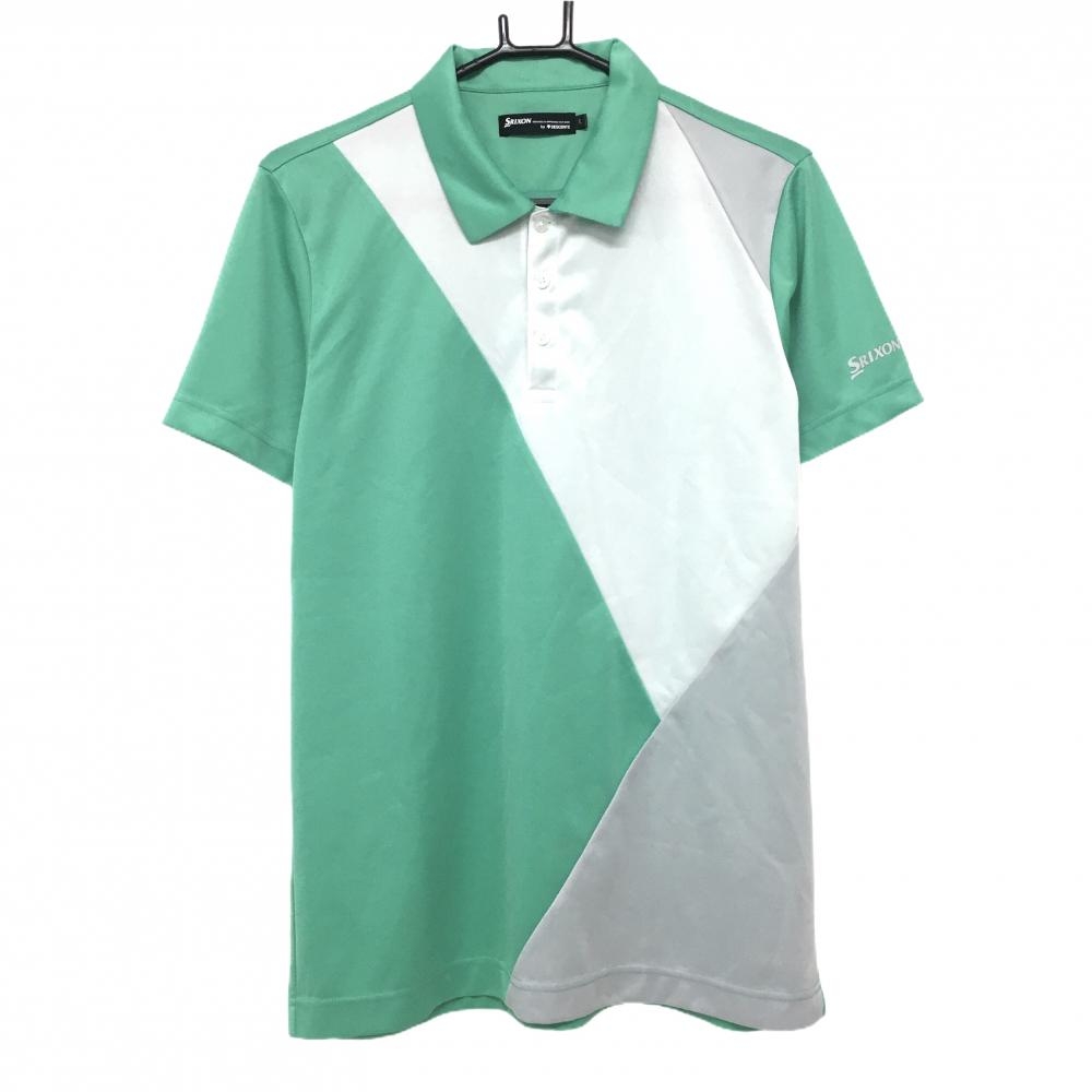 【美品】スリクソンバイデサント 半袖ポロシャツ ライトグリーン×白 袖ロゴ  メンズ L ゴルフウェア SRIXON