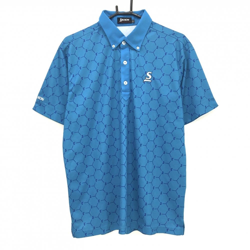 【超美品】スリクソン 半袖ポロシャツ ライトブルー×ネイビー ヘキサゴン柄 ロゴ総柄 ボタンダウン  メンズ L ゴルフウェア SRIXON