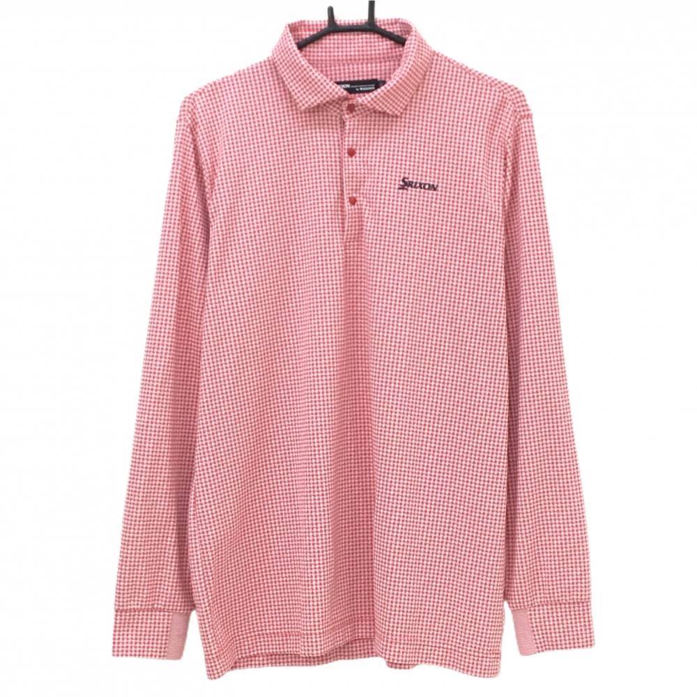 【超美品】スリクソンバイデサント 長袖ポロシャツ 白×レッド 総柄 チェック風 ロゴプリント メンズ LL ゴルフウェア SRIXON