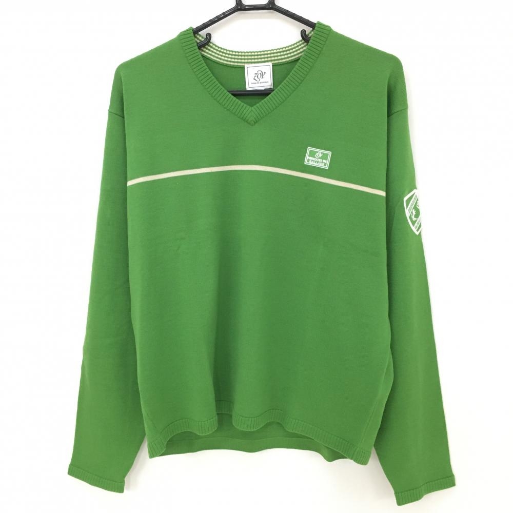 【美品】ゾーイ セーター ライトグリーン×白 胸元ライン ウール100％ Vネック ニット  メンズ 2(M) ゴルフウェア ZOY