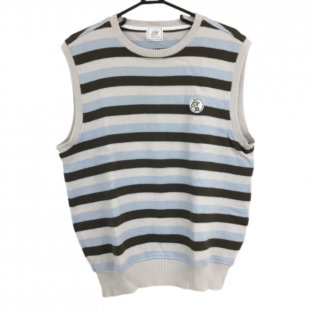 【超美品】ゾーイ ニットベスト ライトグレー×ライトブルー ボーダー ロゴ刺しゅう メンズ サイズ表記無し ゴルフウェア ZOY