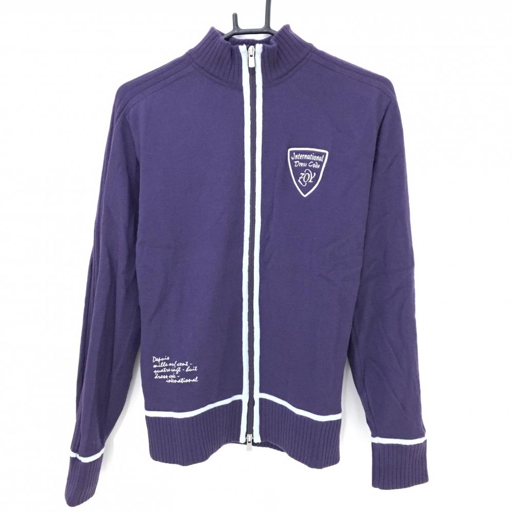 【美品】ゾーイ ニットジャケット パープル ロゴ刺しゅう 裏地付 ウール100％  メンズ 2(M) ゴルフウェア ZOY
