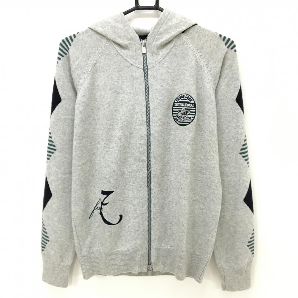 【超美品】ゾーイ ニットジップパーカー グレー×グリーン 袖ダイヤ柄 ウール85％ カシミヤ15％ メンズ 1(S) ゴルフウェア ZOY