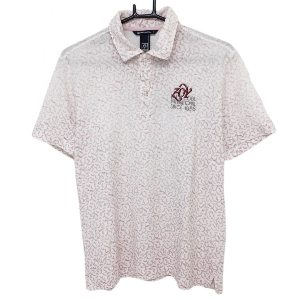 【美品】ゾーイ 半袖ポロシャツ 白×ピンク 総柄 コットン混 メンズ 2(M) ゴルフウェア ZOY