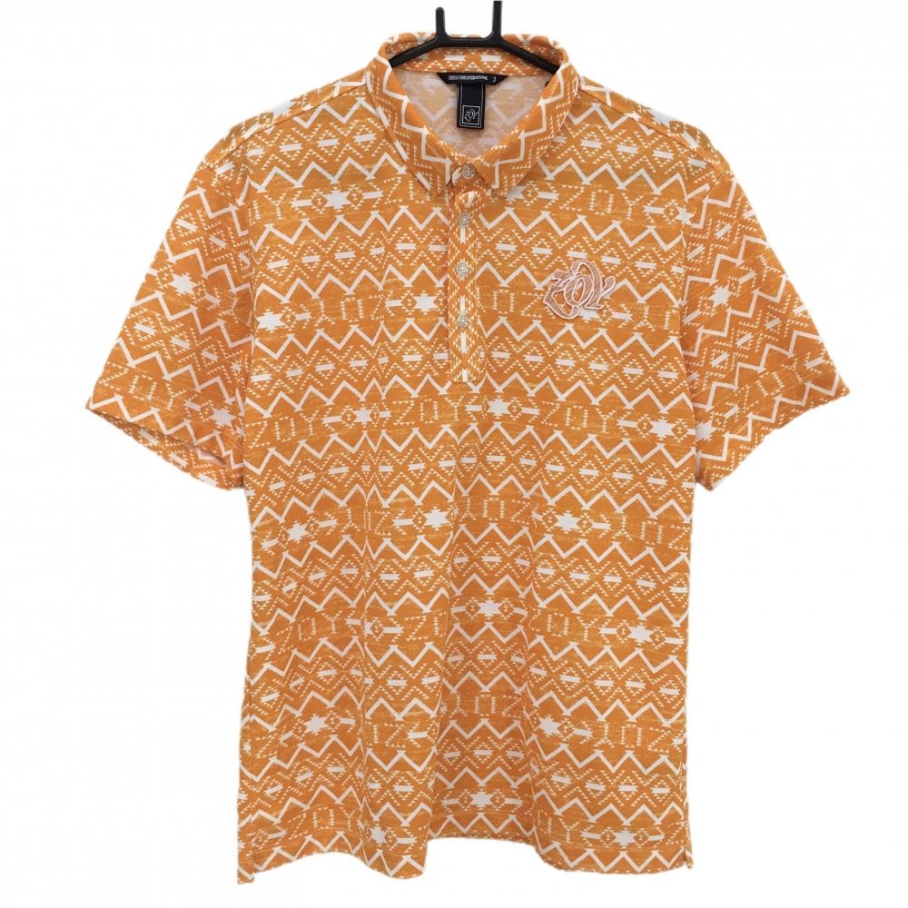 【超美品】ゾーイ 半袖ポロシャツ オレンジ×白 総柄 ロゴワッペン  メンズ 3(L) ゴルフウェア ZOY