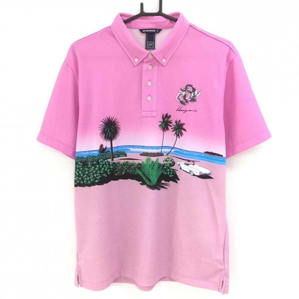 【超美品】ゾーイ 半袖ポロシャツ ピンクパープル グラデーション ヤシの木 ボタンダウン メンズ 3(L) ゴルフウェア ZOY