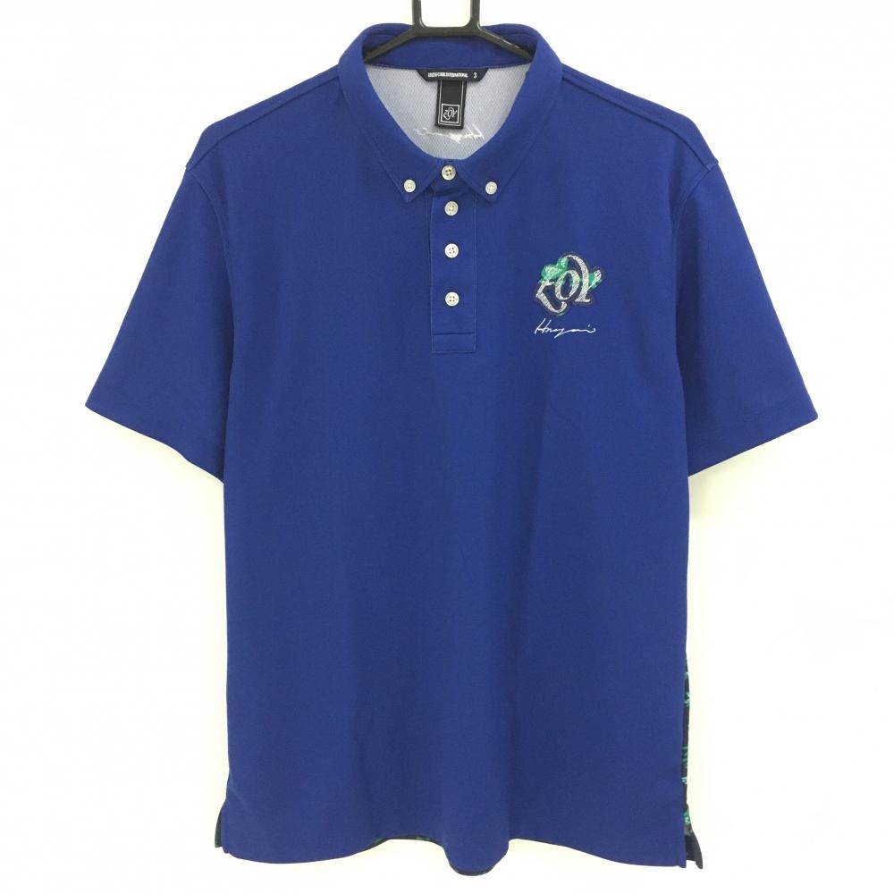 【超美品】ゾーイ 半袖ポロシャツ ブルー 背面ビックプリント ロゴワッペン ボタンダウン メンズ 3(L) ゴルフウェア ZOY