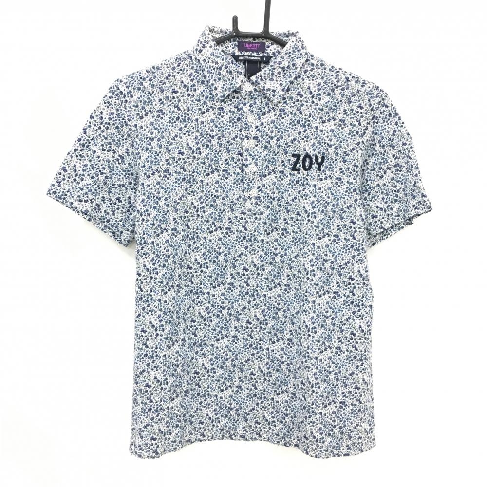 【美品】ゾーイ 半袖ポロシャツ 白×スモーキーブルー系×パープル系 小花柄 LIBERTY メンズ 1(S) ゴルフウェア ZOY