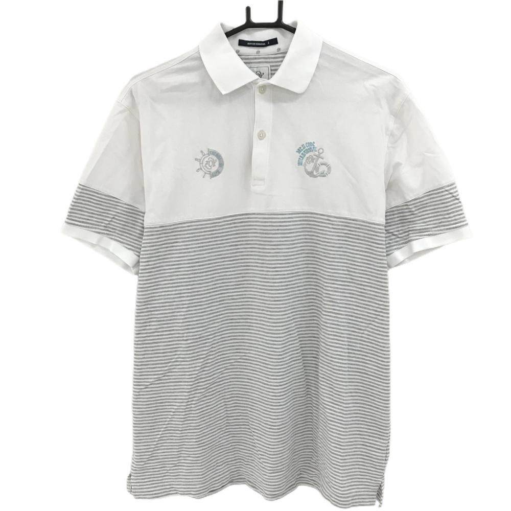 【美品】ゾーイ 半袖ポロシャツ 白×グレー 一部ボーダー 胸ロゴ  メンズ 3(L) ゴルフウェア ZOY