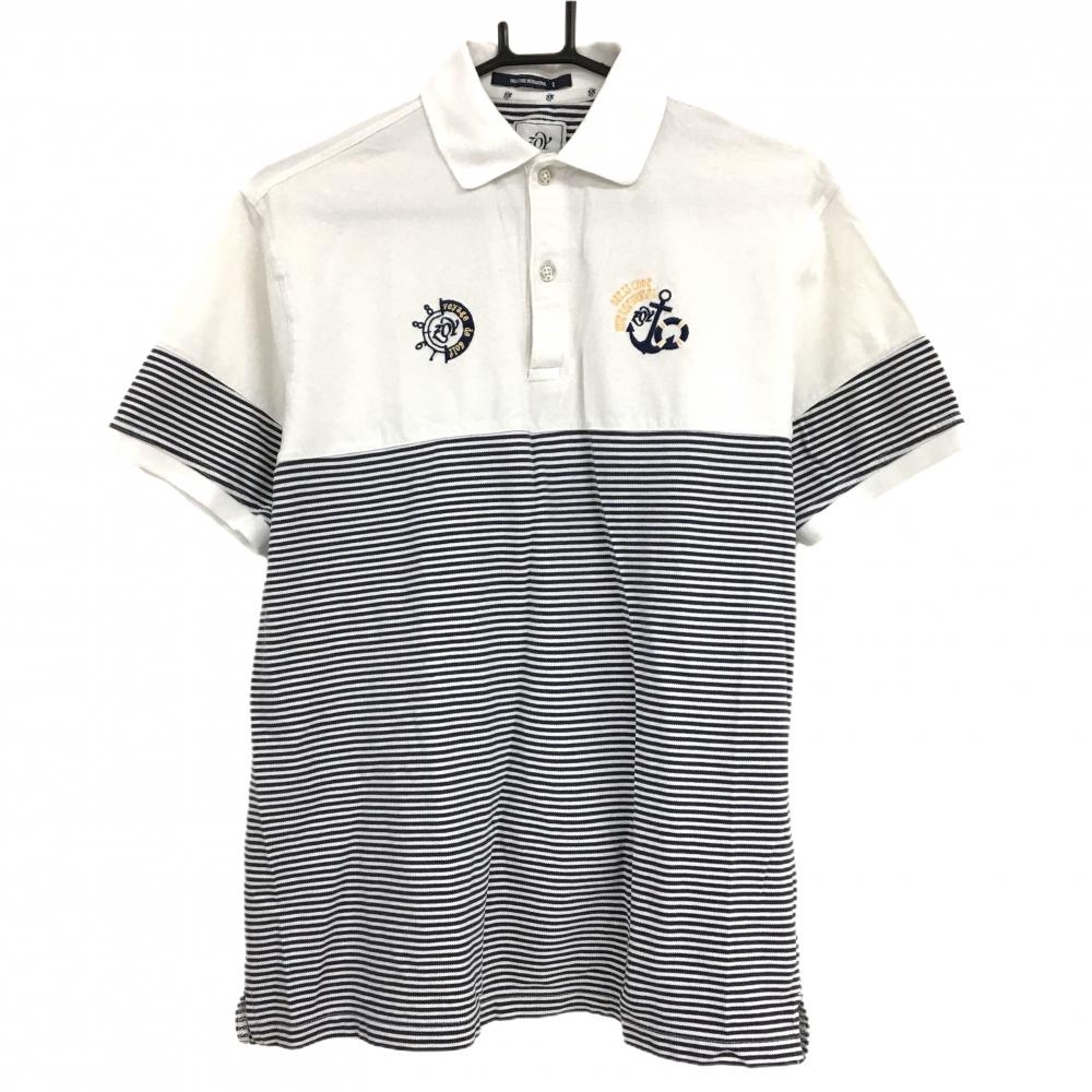 ゾーイ 半袖ポロシャツ 白×ネイビー 一部ボーダー 胸ロゴ メンズ 2(M) ゴルフウェア ZOY