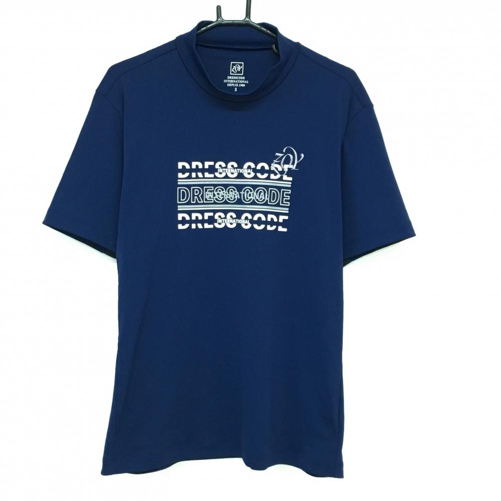 【超美品】ゾーイ 半袖ハイネックシャツ ネイビー×白 フロントプリント メンズ 3(L) ゴルフウェア ZOY