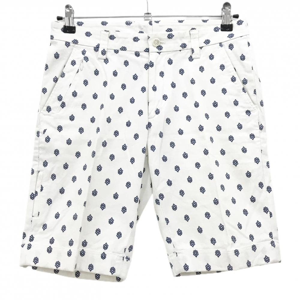 【美品】ゾーイ ハーフパンツ 白×ネイビー 総柄 ジップポケット メンズ 76 ゴルフウェア ZOY