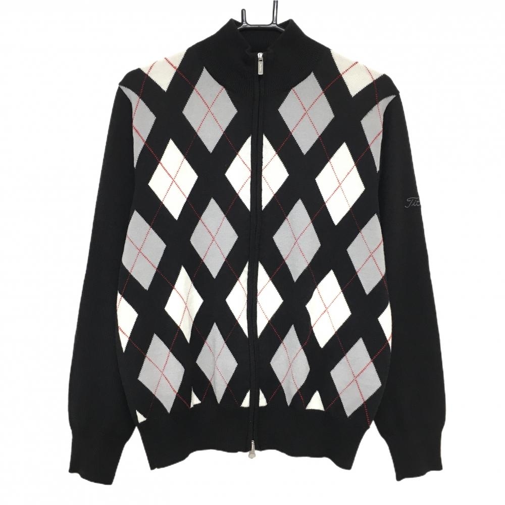 タイトリスト ニットジャケット 黒×白×グレー 前身頃アーガイル 蓄熱裏地  メンズ M ゴルフウェア TITLEIST