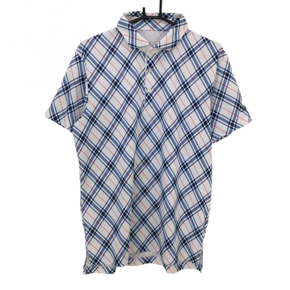 タイトリスト 半袖ポロシャツ 白×ライトブルー 斜め格子柄 ロゴ刺しゅう  メンズ LL ゴルフウェア TITLEIST 画像