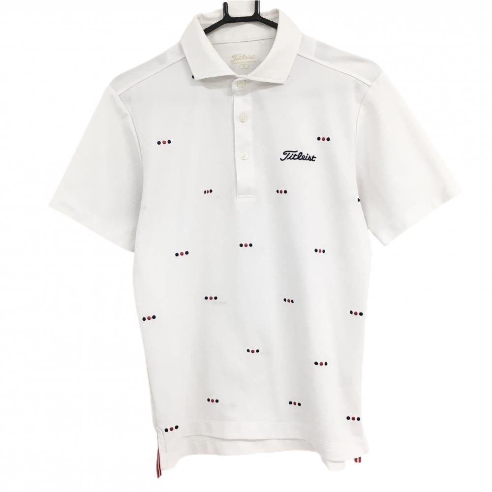 タイトリスト 半袖ポロシャツ 白×ネイビー×レッド ドット刺しゅう メンズ M ゴルフウェア TITLEIST