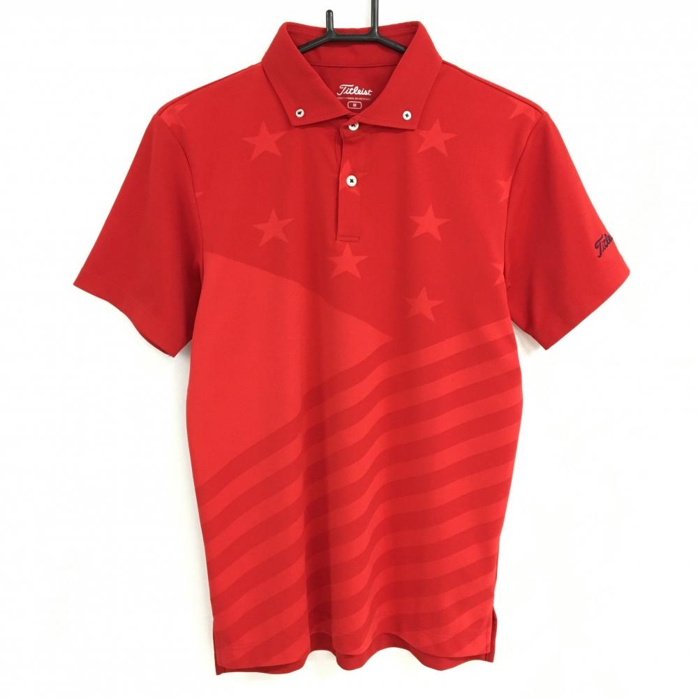 【超美品】タイトリスト 半袖ポロシャツ レッド 前上部星柄 前一部斜めストライプ ボタンダウン メンズ M ゴルフウェア TITLEIST
