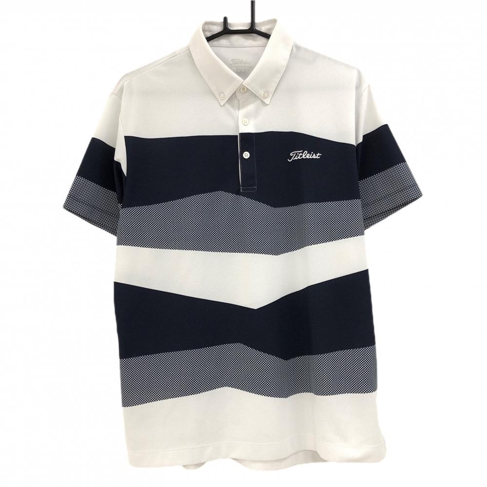 タイトリスト 半袖ポロシャツ 白×ネイビー ボタンダウン 一部ブロックチェック メンズ LL ゴルフウェア TITLEIST