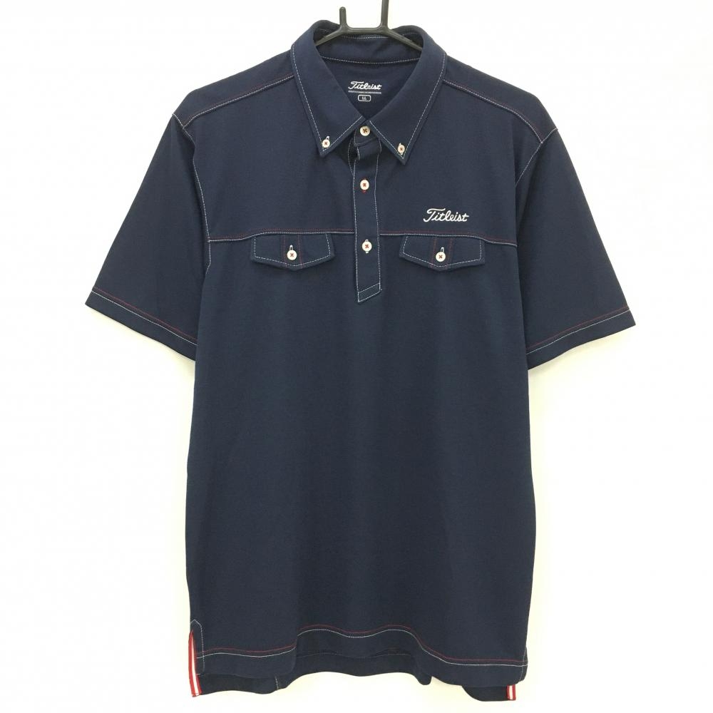 【美品】タイトリスト 半袖ポロシャツ ネイビー ロゴ刺しゅう ステッチ ボタンダウン メンズ LL ゴルフウェア TITLEIST
